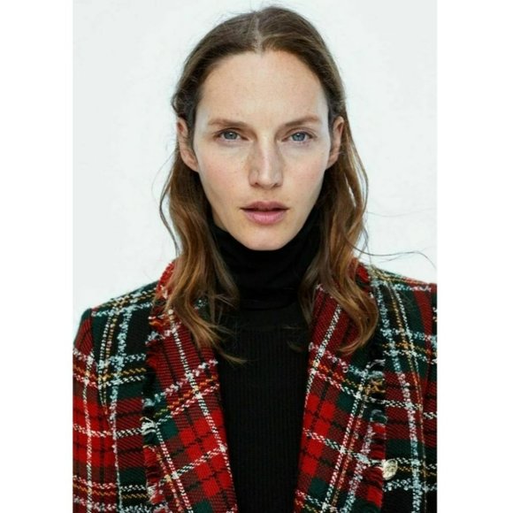 ZARA | RARE Plaid Tweed Red Checkered Frayed Hem Collared Blazer (Size XS) - Picture 7 of 15